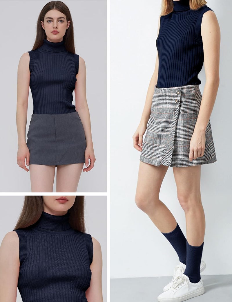 v28 Women Sleeveless High Neck Turtleneck Stretchable Knit Sweater Top (S, Navy) - Image 4